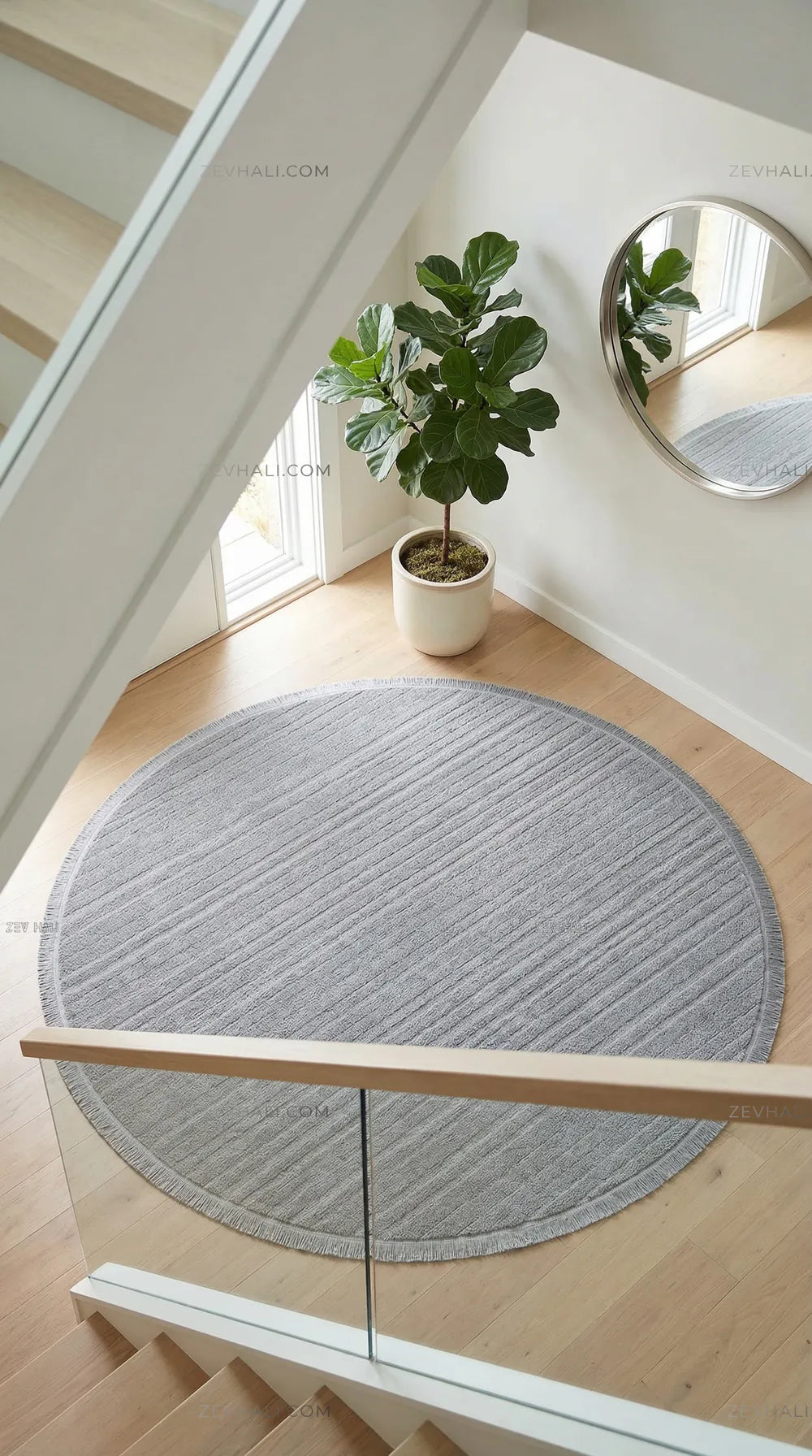 Zev Halı Babil Gri Çizgili Yumuşak Tek Renk Yuvarlak Halı Ba17 | Microfiber Halı | Zev Halı
