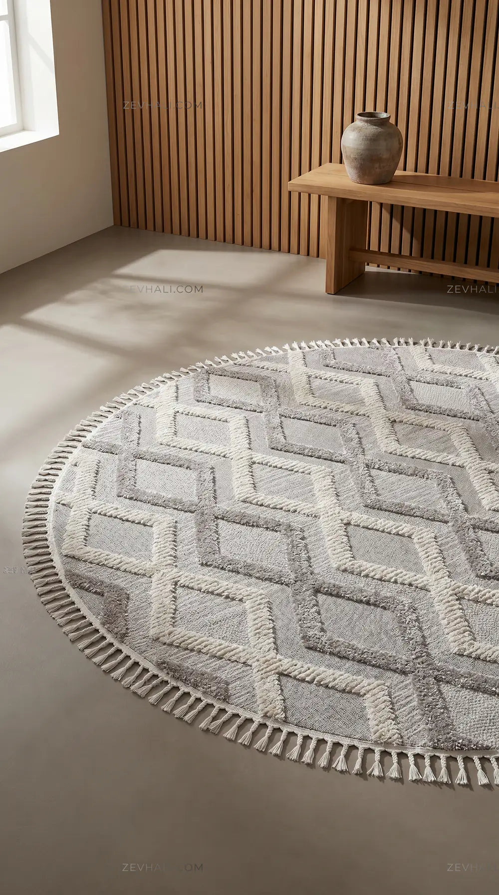 Zev Halı Colorium İskandinav Gri Geometrik Yuvarlak Özel Ölçü Saçaklı Halı CL13
