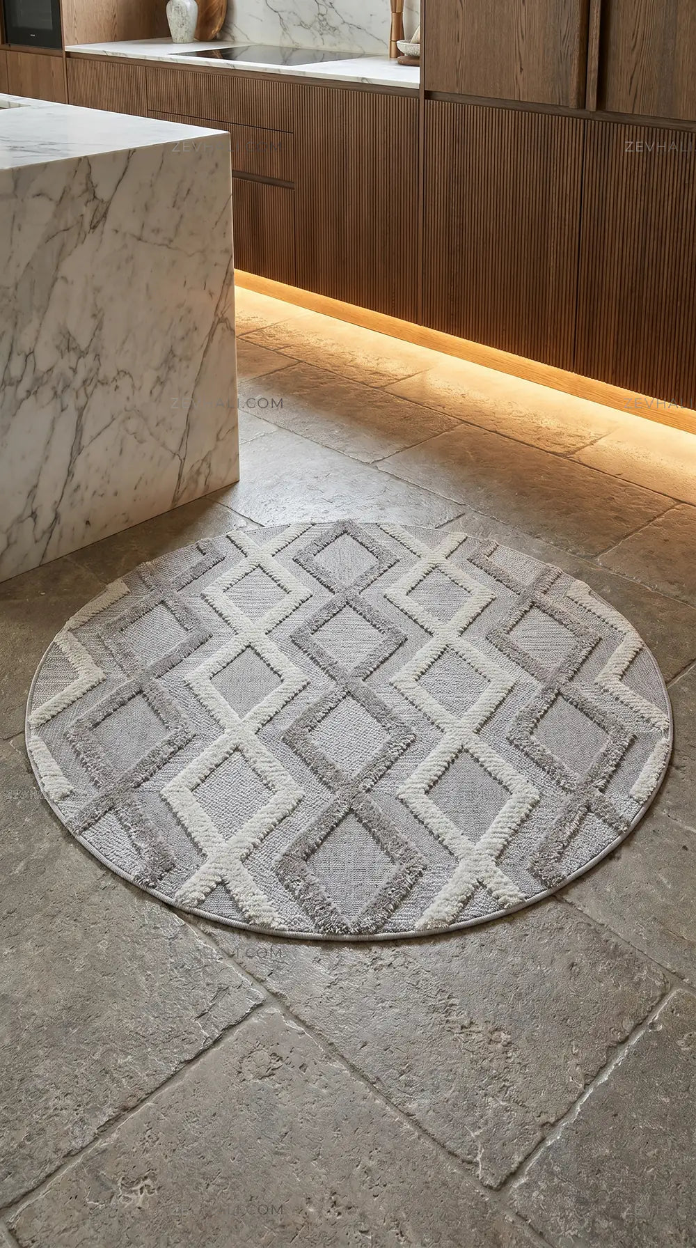 Zev Halı Colorium İskandinav Gri Geometrik Yuvarlak Özel Ölçü Saçaklı Halı CL13