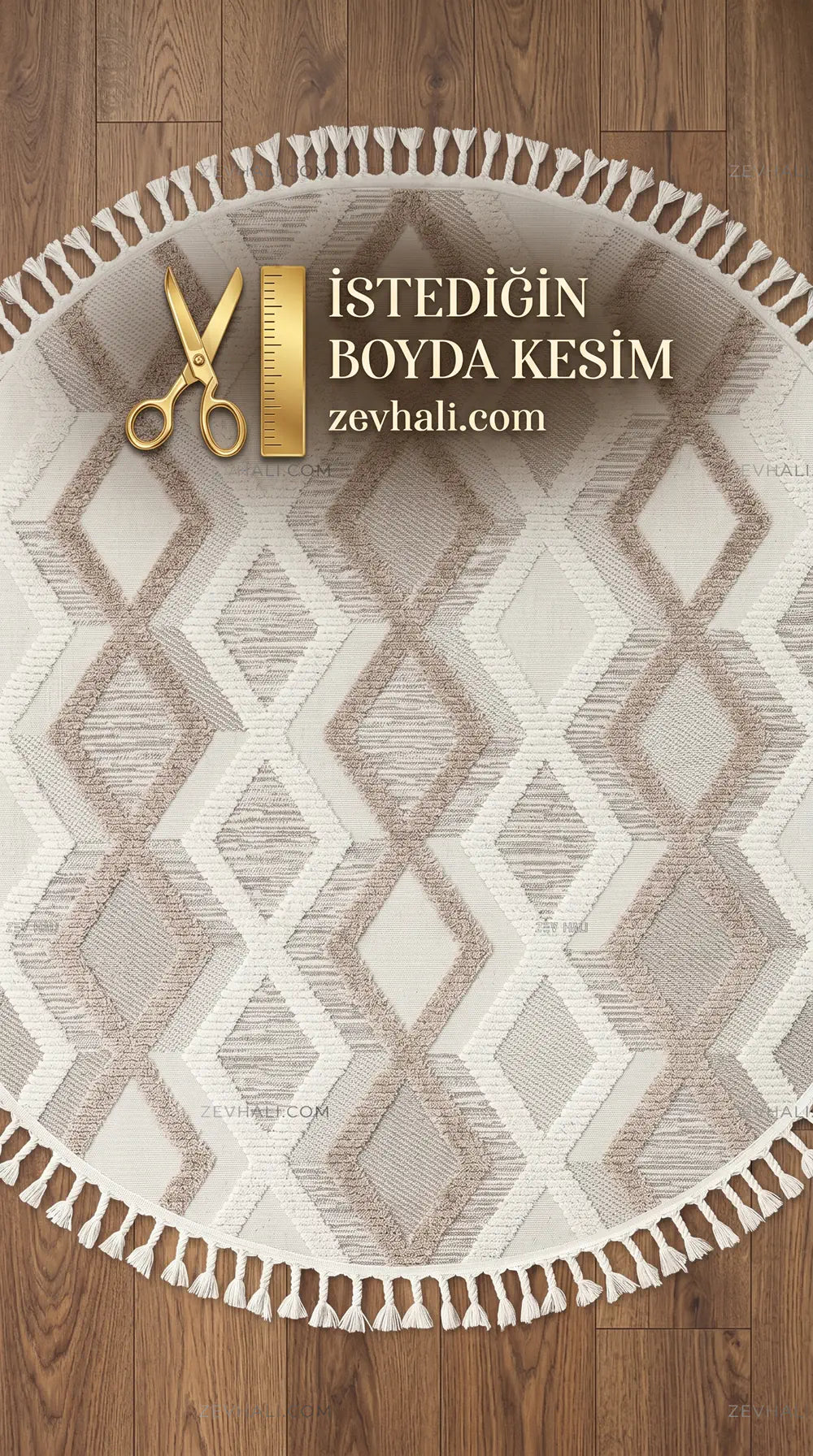 Zev Halı Colorium İskandinav Kahve Geometrik Yuvarlak Özel Ölçü Saçaklı Halı CL11 | Bukle Halı | Zev Halı
