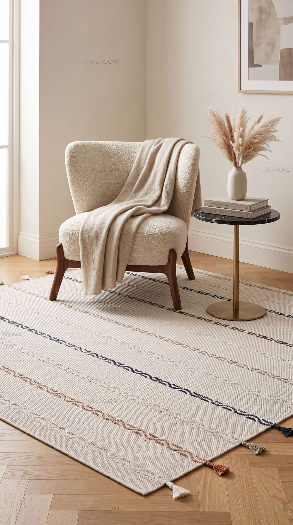 Zev Halı Vincents Colors Beyaz Dalgalı Çizgili Püsküllü İnce Kilim VC05 160x200