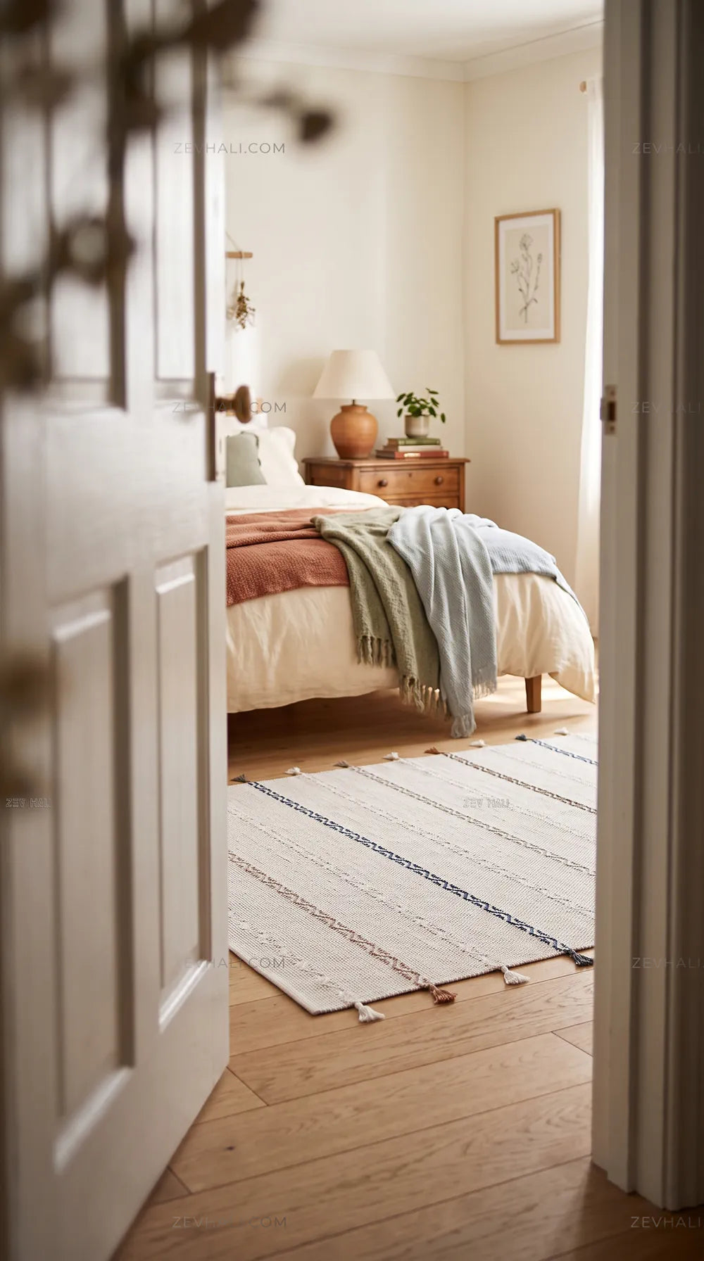 Zev Halı Vincents Colors Beyaz Dalgalı Çizgili Püsküllü İnce Kilim VC05 160x200