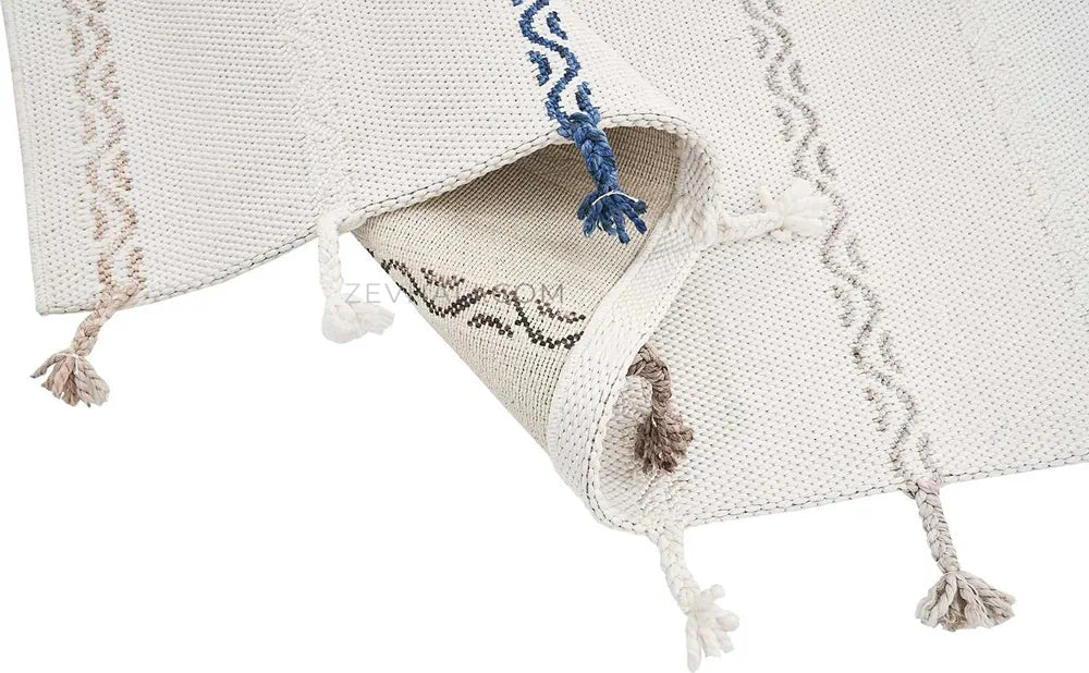 Zev Halı Vincents Colors Beyaz Dalgalı Çizgili Püsküllü İnce Kilim VC05 160x200