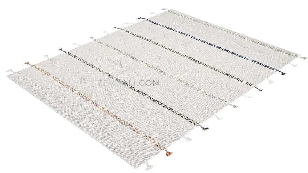 Zev Halı Vincents Colors Beyaz Dalgalı Çizgili Püsküllü İnce Kilim VC05 160x200