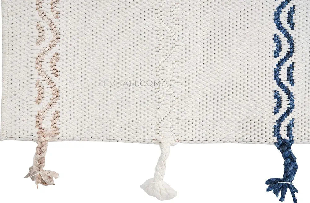 Zev Halı Vincents Colors Beyaz Dalgalı Çizgili Püsküllü İnce Kilim VC05 160x200