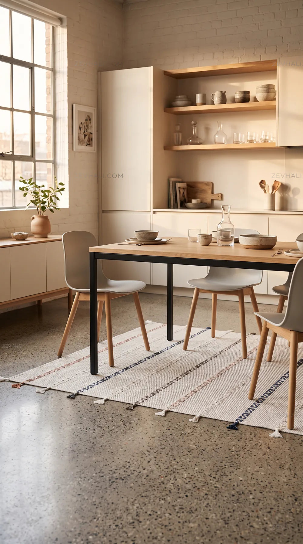 Zev Halı Vincents Colors Beyaz Dalgalı Çizgili Püsküllü İnce Kilim VC05 160x200