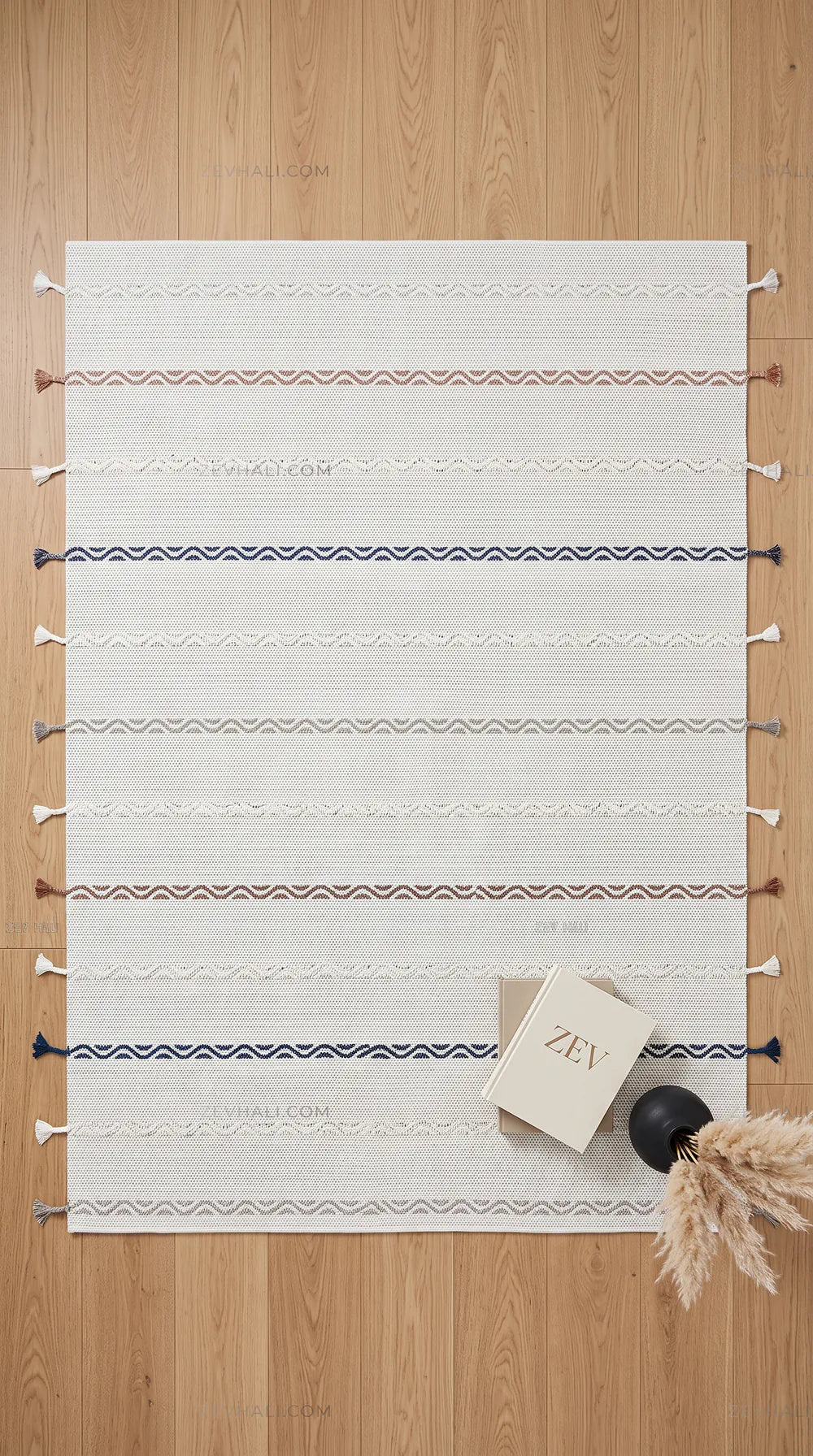 Zev Halı Vincents Colors Beyaz Dalgalı Çizgili Püsküllü İnce Kilim VC05 160x200