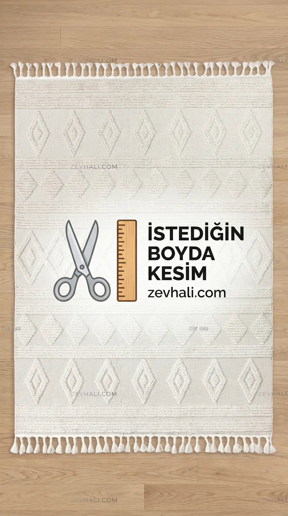 Zev Halı Colorium Beyaz Geometrik Özel Ölçü Bukle Saçaklı Halı CL07 | Bukle Halı | Zev Halı