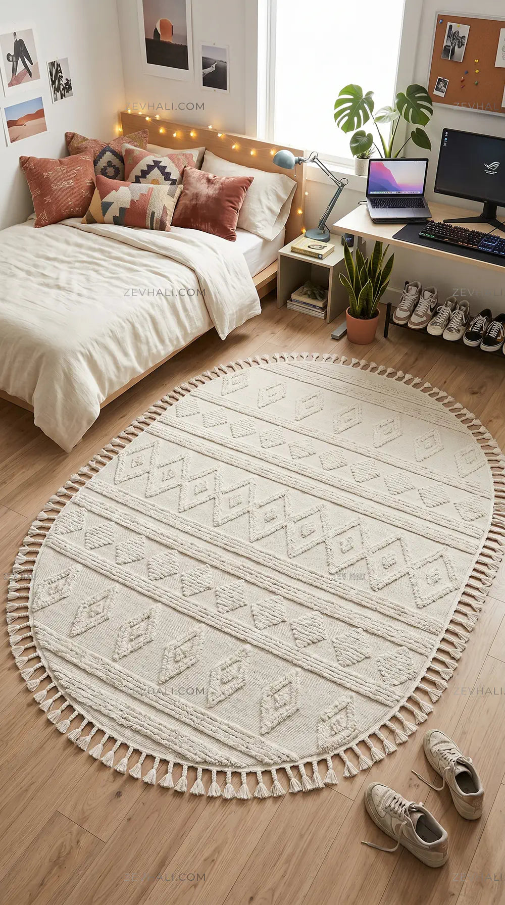 Zev Halı Colorium İskandinavBeyaz Geometrik Oval Özel Ölçü Saçaklı Halı CL15