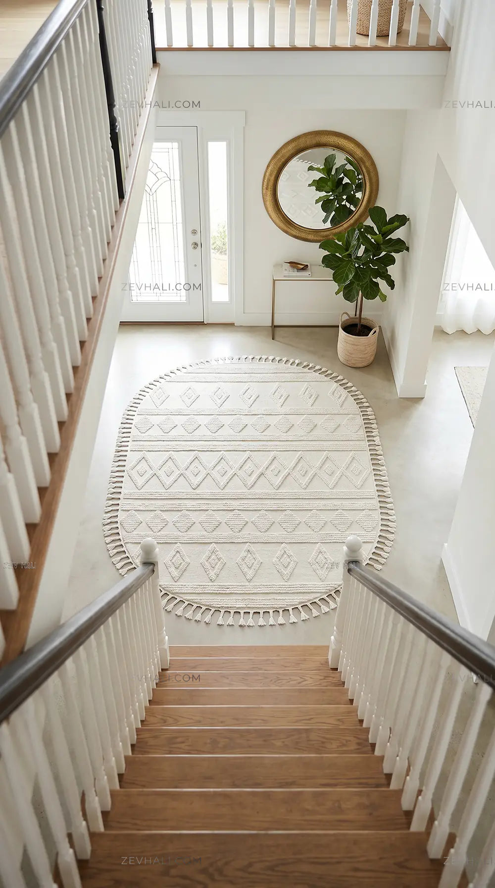 Zev Halı Colorium İskandinavBeyaz Geometrik Oval Özel Ölçü Saçaklı Halı CL15