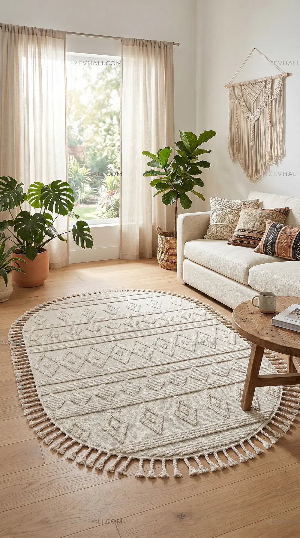 Zev Halı Colorium İskandinavBeyaz Geometrik Oval Özel Ölçü Saçaklı Halı CL15