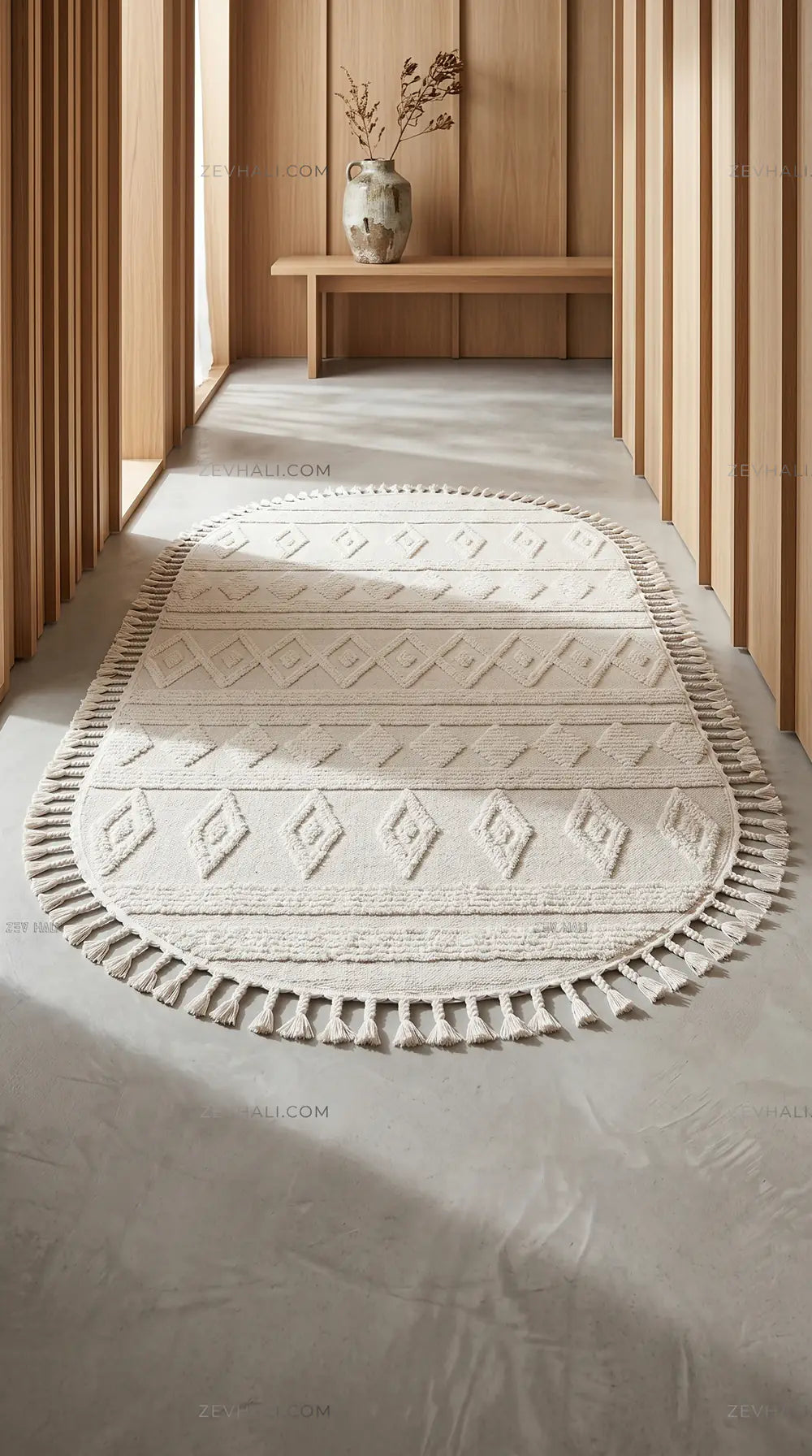 Zev Halı Colorium İskandinavBeyaz Geometrik Oval Özel Ölçü Saçaklı Halı CL15