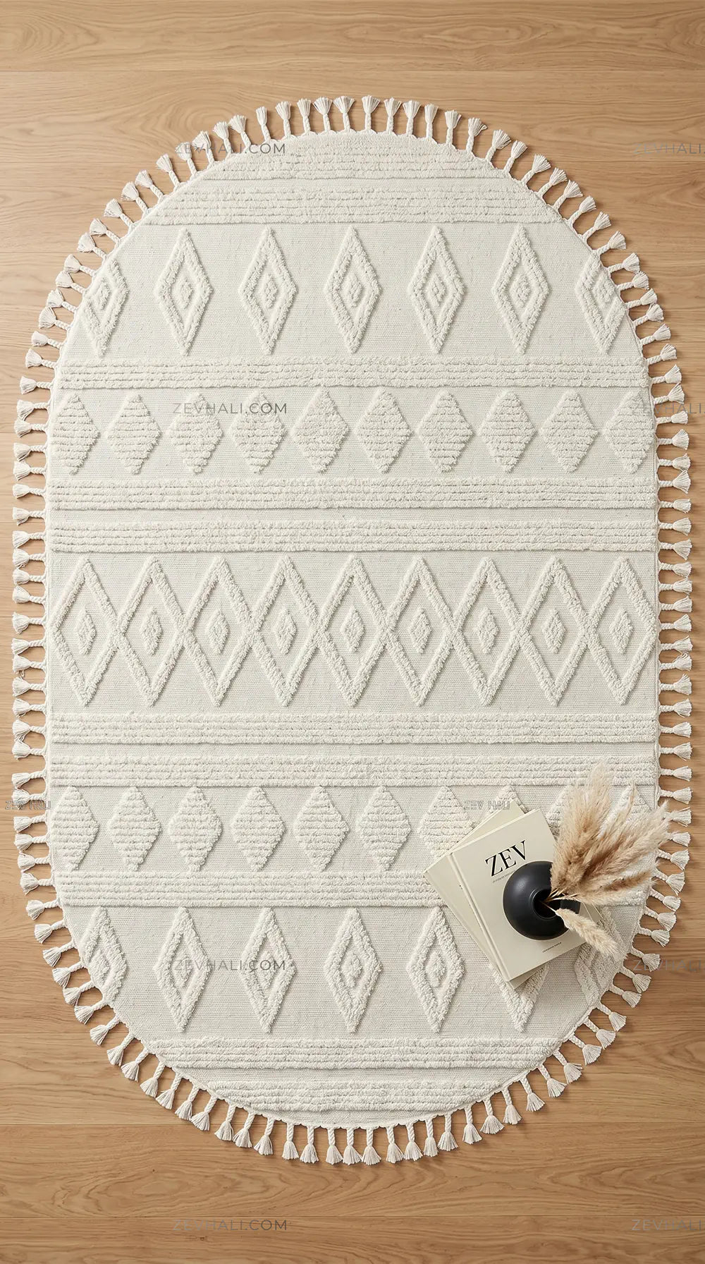 Zev Halı Colorium İskandinavBeyaz Geometrik Oval Özel Ölçü Saçaklı Halı CL15