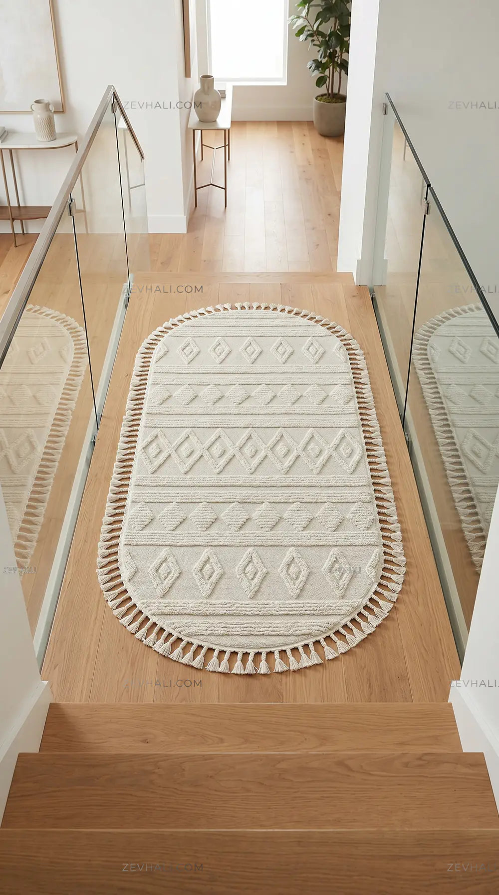 Zev Halı Colorium İskandinavBeyaz Geometrik Oval Özel Ölçü Saçaklı Halı CL15