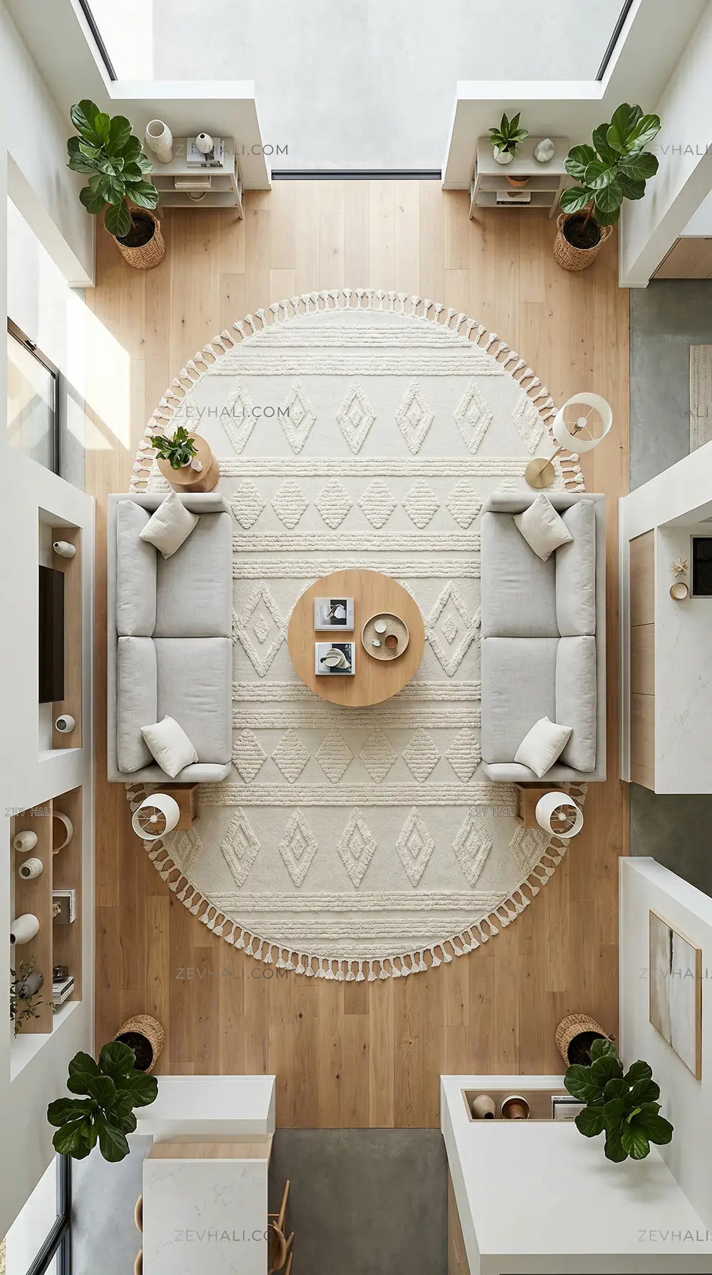 Zev Halı Colorium İskandinavBeyaz Geometrik Oval Özel Ölçü Saçaklı Halı CL15