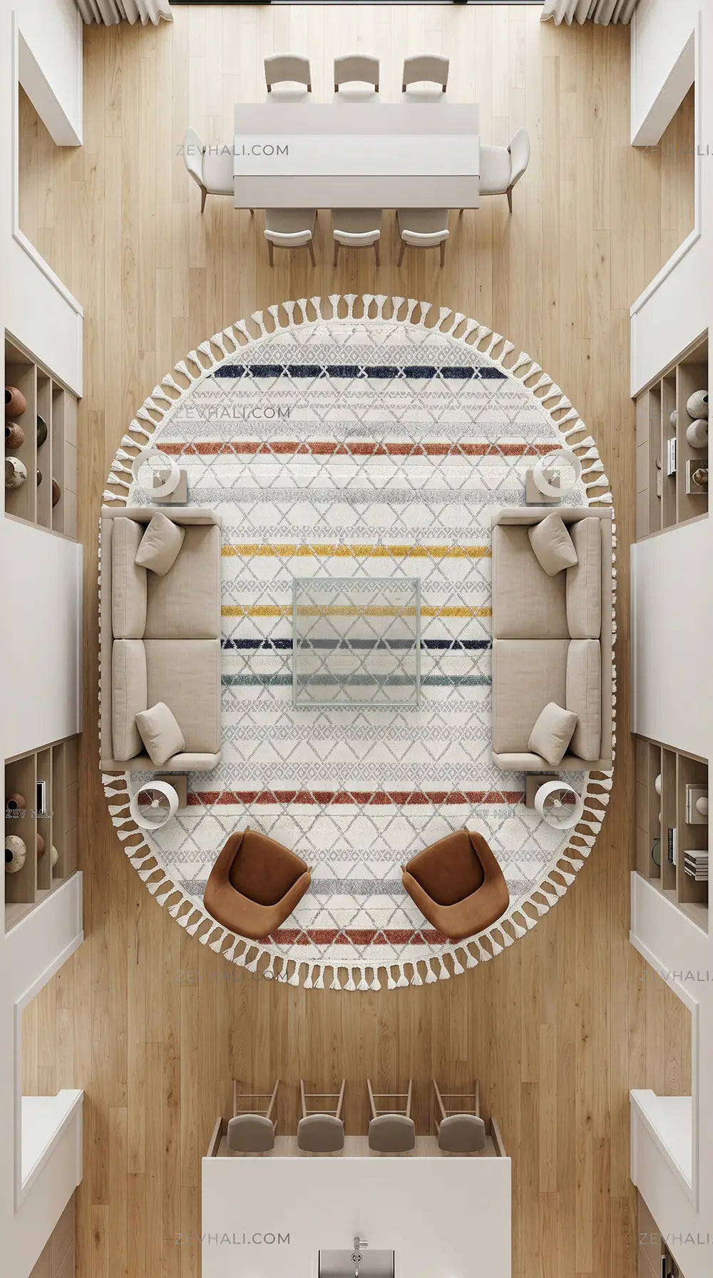 Zev Halı Colorium İskandinav Çok Renkli Çizgili Oval Özel Ölçü Saçaklı Halı CL17