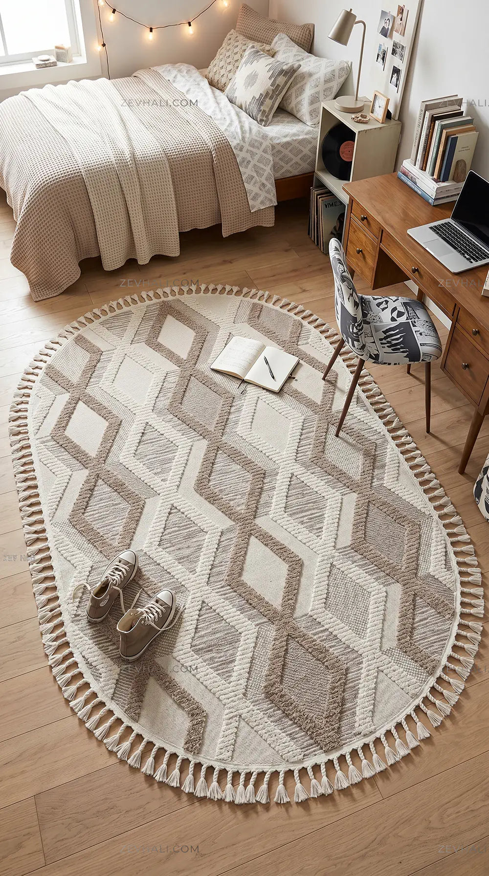 Zev Halı Colorium İskandinav Kahve Geometrik Oval Özel Ölçü Saçaklı Halı CL16