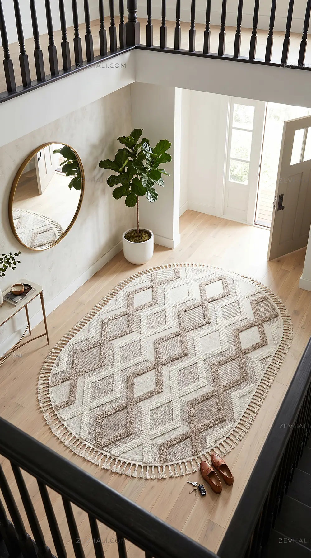 Zev Halı Colorium İskandinav Kahve Geometrik Oval Özel Ölçü Saçaklı Halı CL16