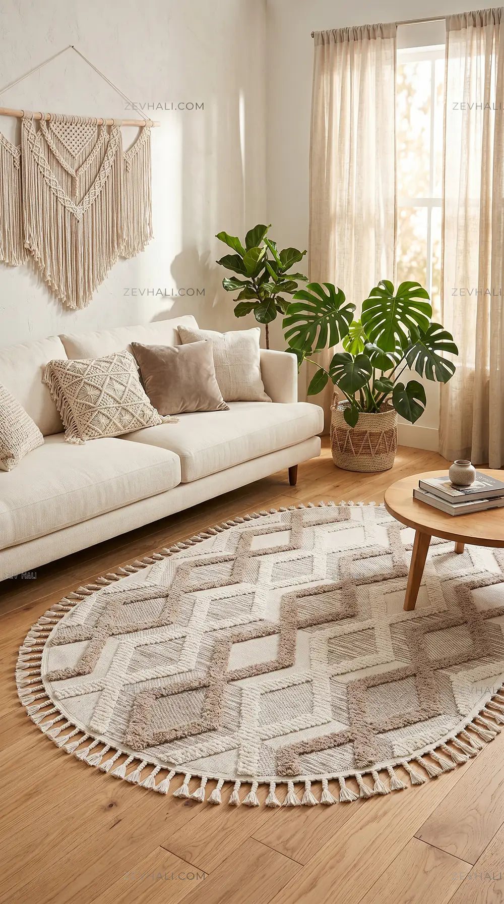 Zev Halı Colorium İskandinav Kahve Geometrik Oval Özel Ölçü Saçaklı Halı CL16