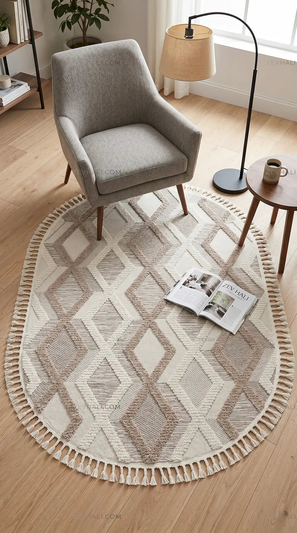 Zev Halı Colorium İskandinav Kahve Geometrik Oval Özel Ölçü Saçaklı Halı CL16