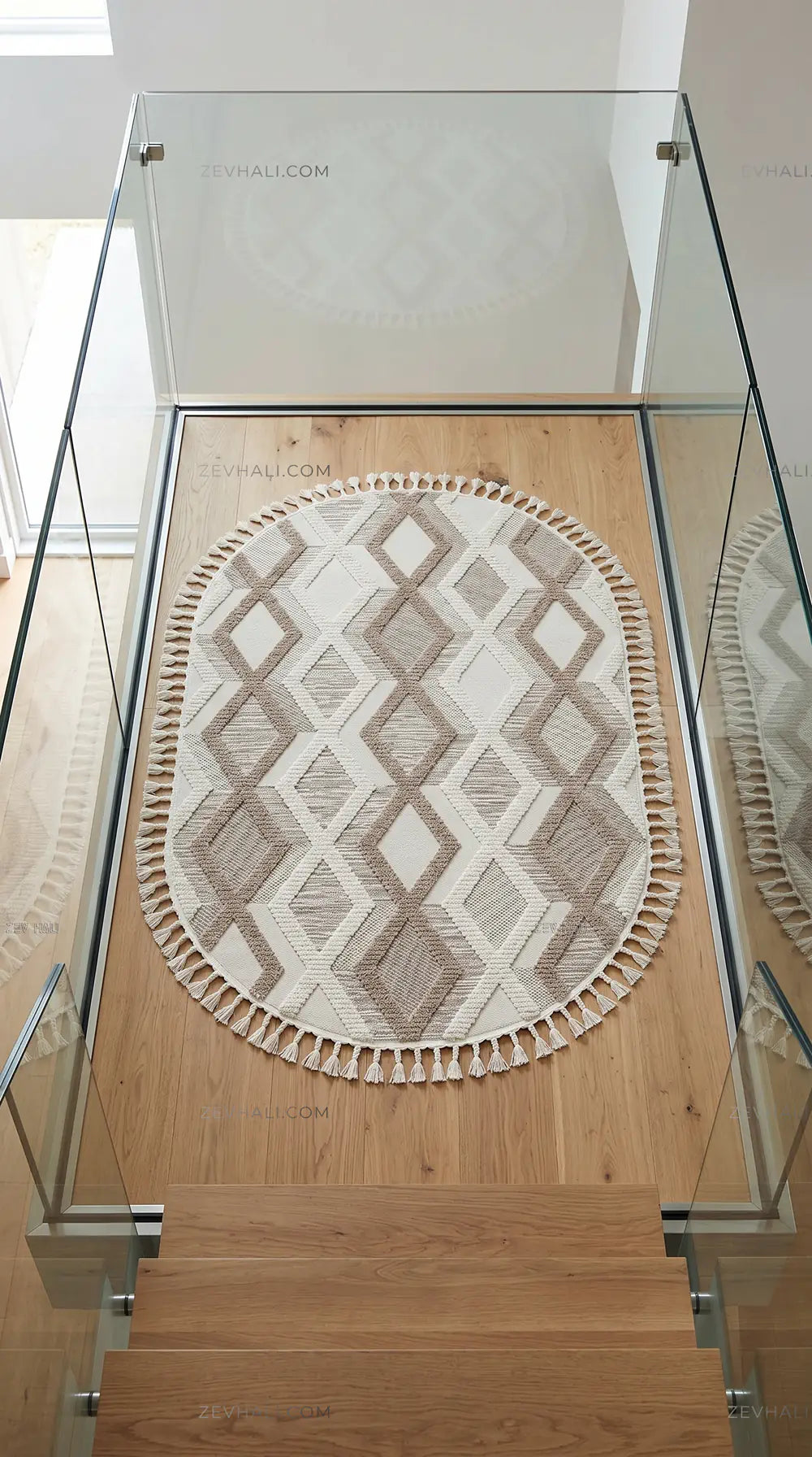 Zev Halı Colorium İskandinav Kahve Geometrik Oval Özel Ölçü Saçaklı Halı CL16