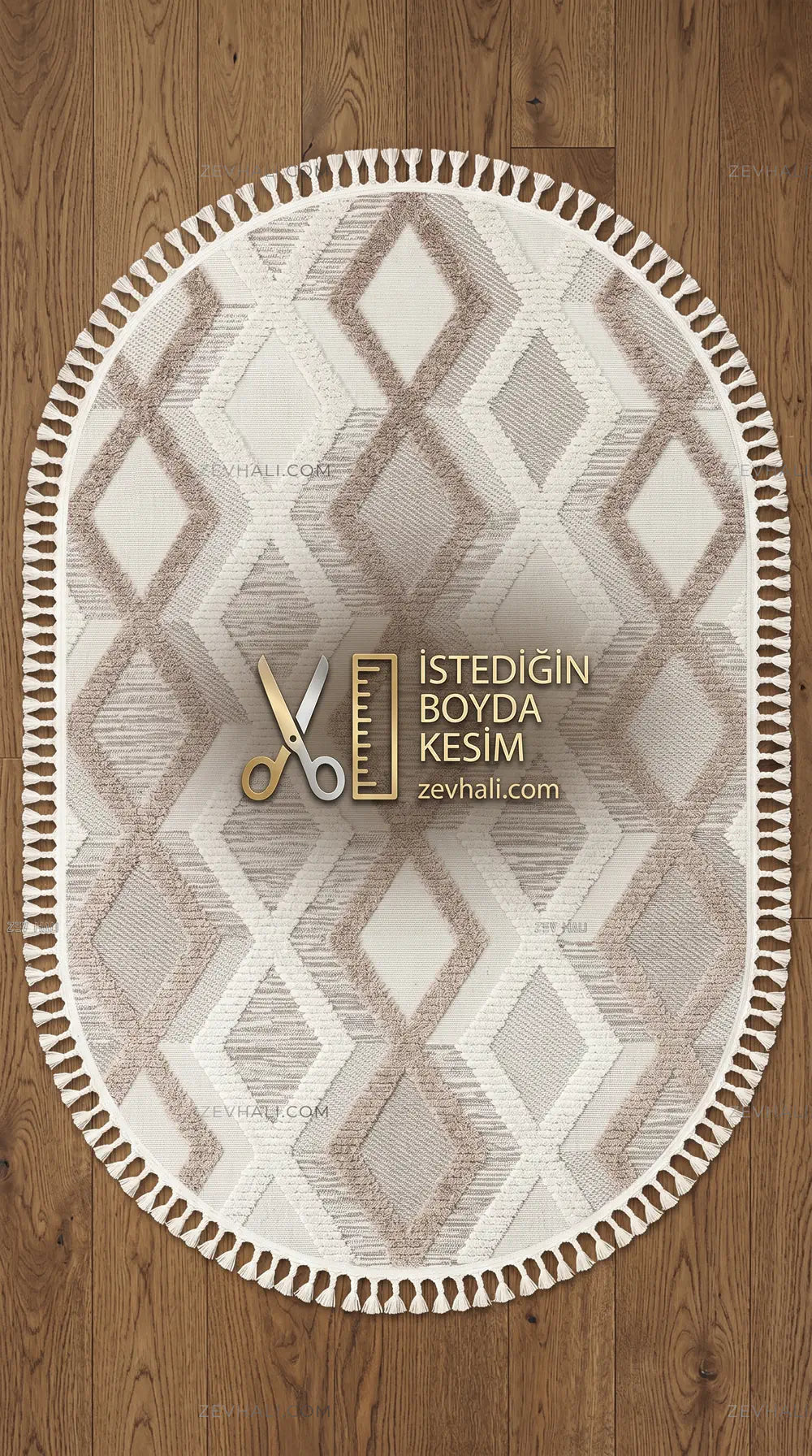 Zev Halı Colorium İskandinav Kahve Geometrik Oval Özel Ölçü Saçaklı Halı CL16