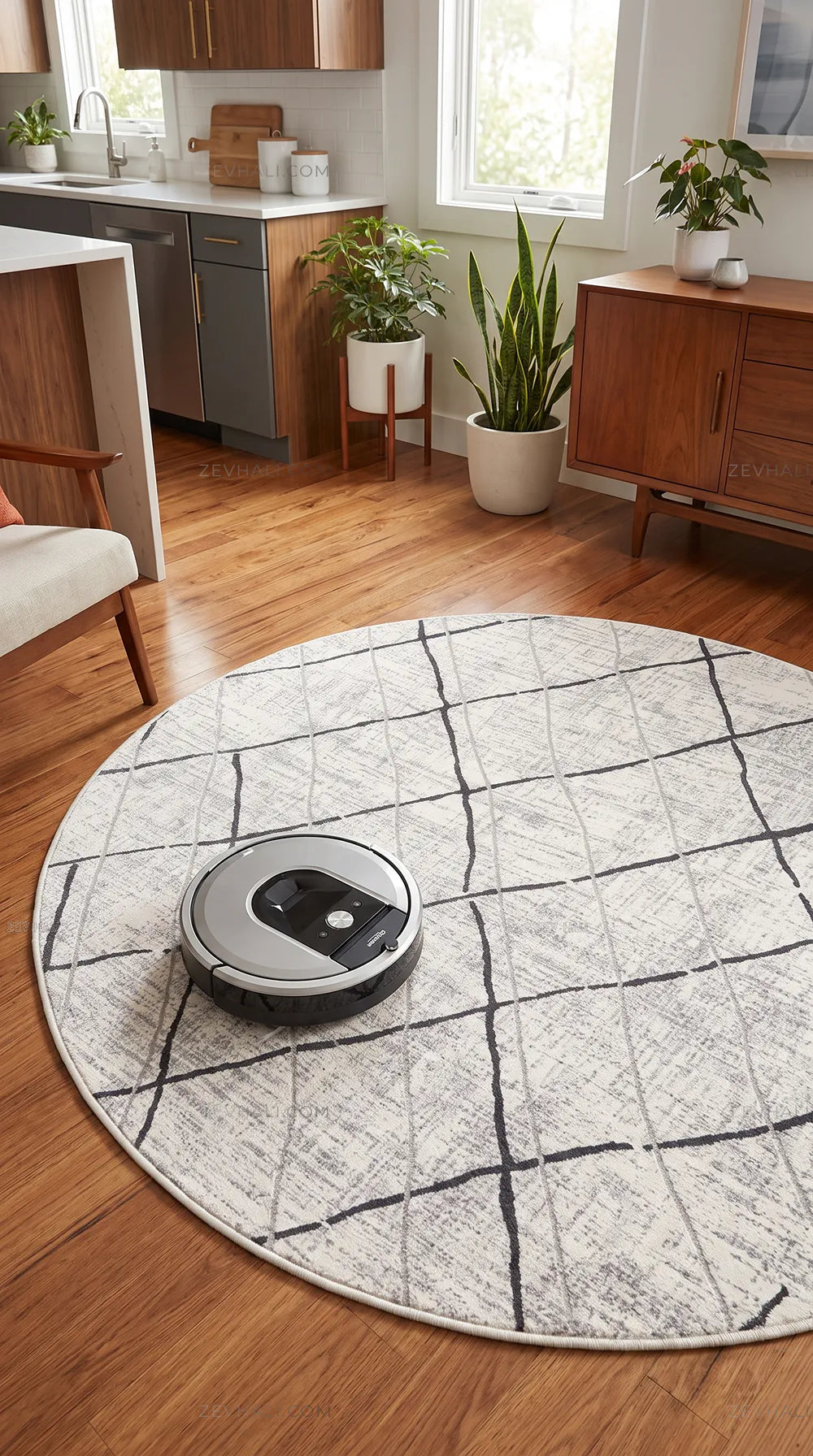 Zev Halı Nayra Gri Geometrik Yuvarlak Özel Ölçü Kalın Halı NY11