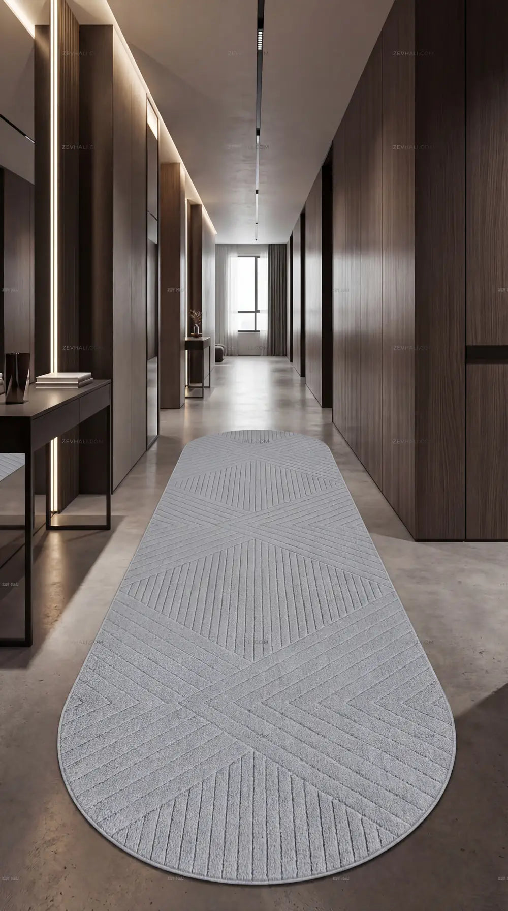 Zev Halı Gri Geometrik Microfiber Oval Halı Kesme Yolluk Özel Ölçü Ba26 | Microfiber Halı | Zev Halı