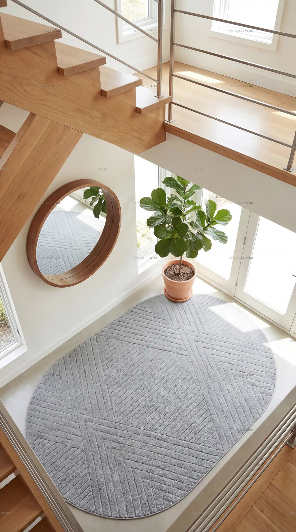 Zev Halı Gri Geometrik Microfiber Oval Halı Kesme Yolluk Özel Ölçü Ba26 | Microfiber Halı | Zev Halı