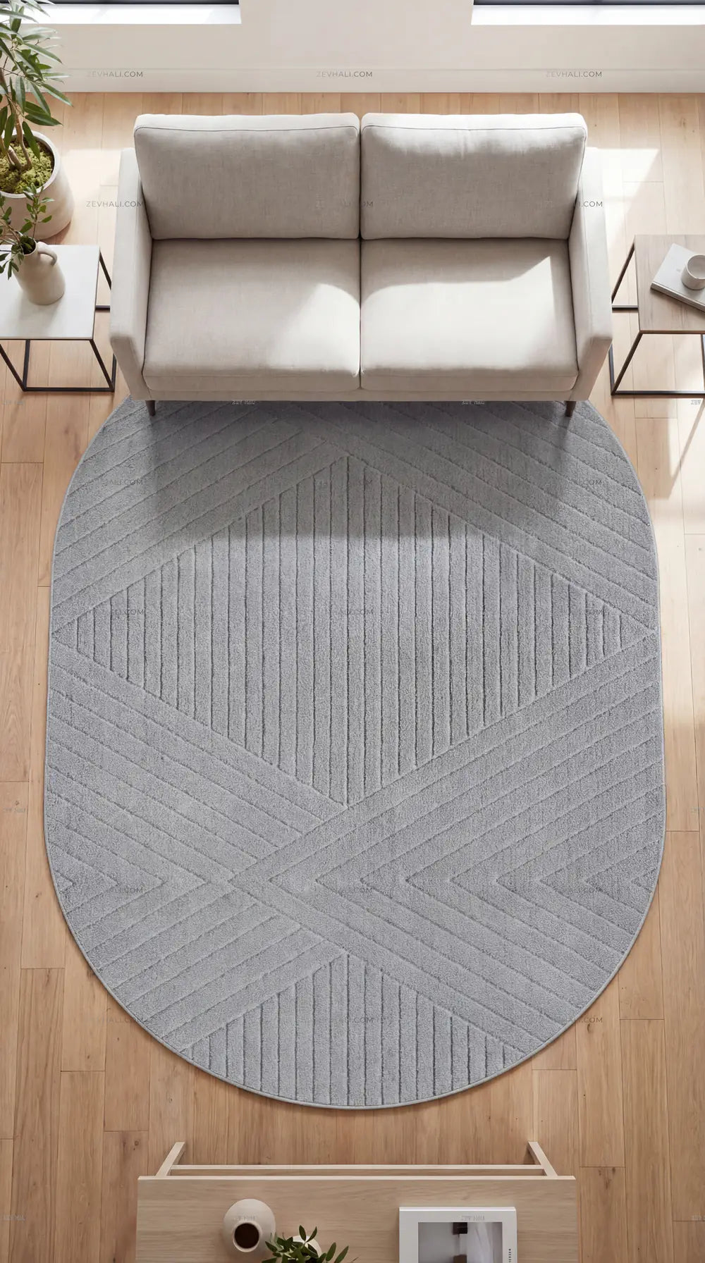Zev Halı Gri Geometrik Microfiber Oval Halı Kesme Yolluk Özel Ölçü Ba26 | Microfiber Halı | Zev Halı