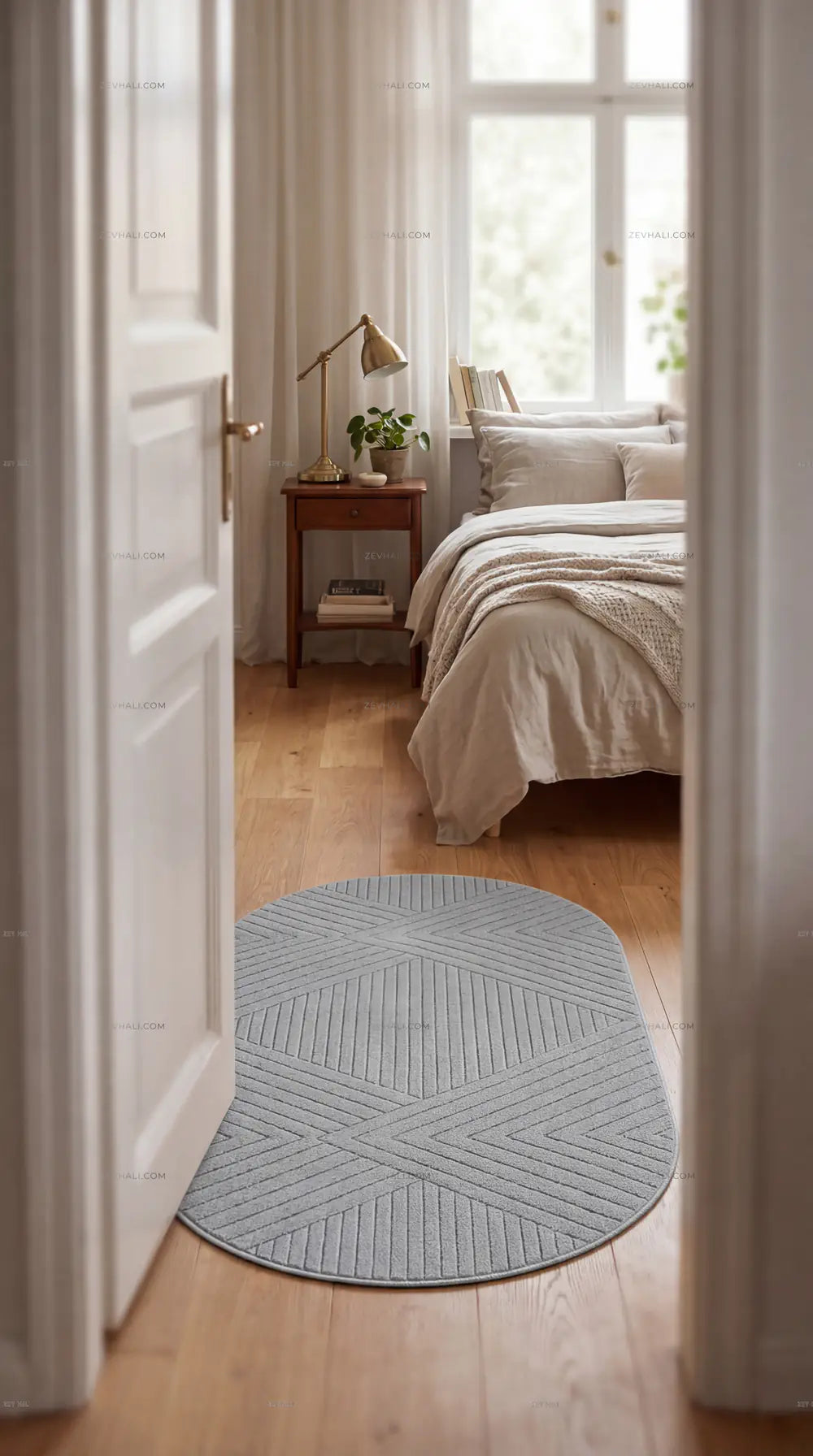 Zev Halı Gri Geometrik Microfiber Oval Halı Kesme Yolluk Özel Ölçü Ba26 | Microfiber Halı | Zev Halı