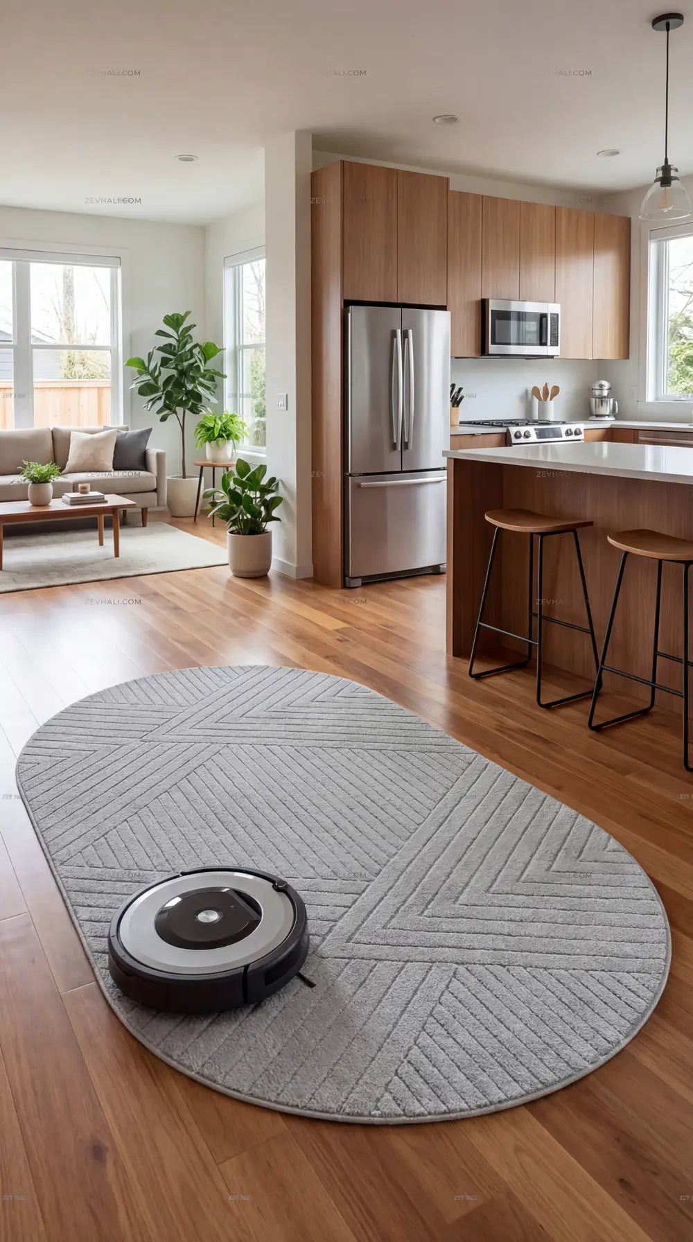 Zev Halı Gri Geometrik Microfiber Oval Halı Kesme Yolluk Özel Ölçü Ba26 | Microfiber Halı | Zev Halı