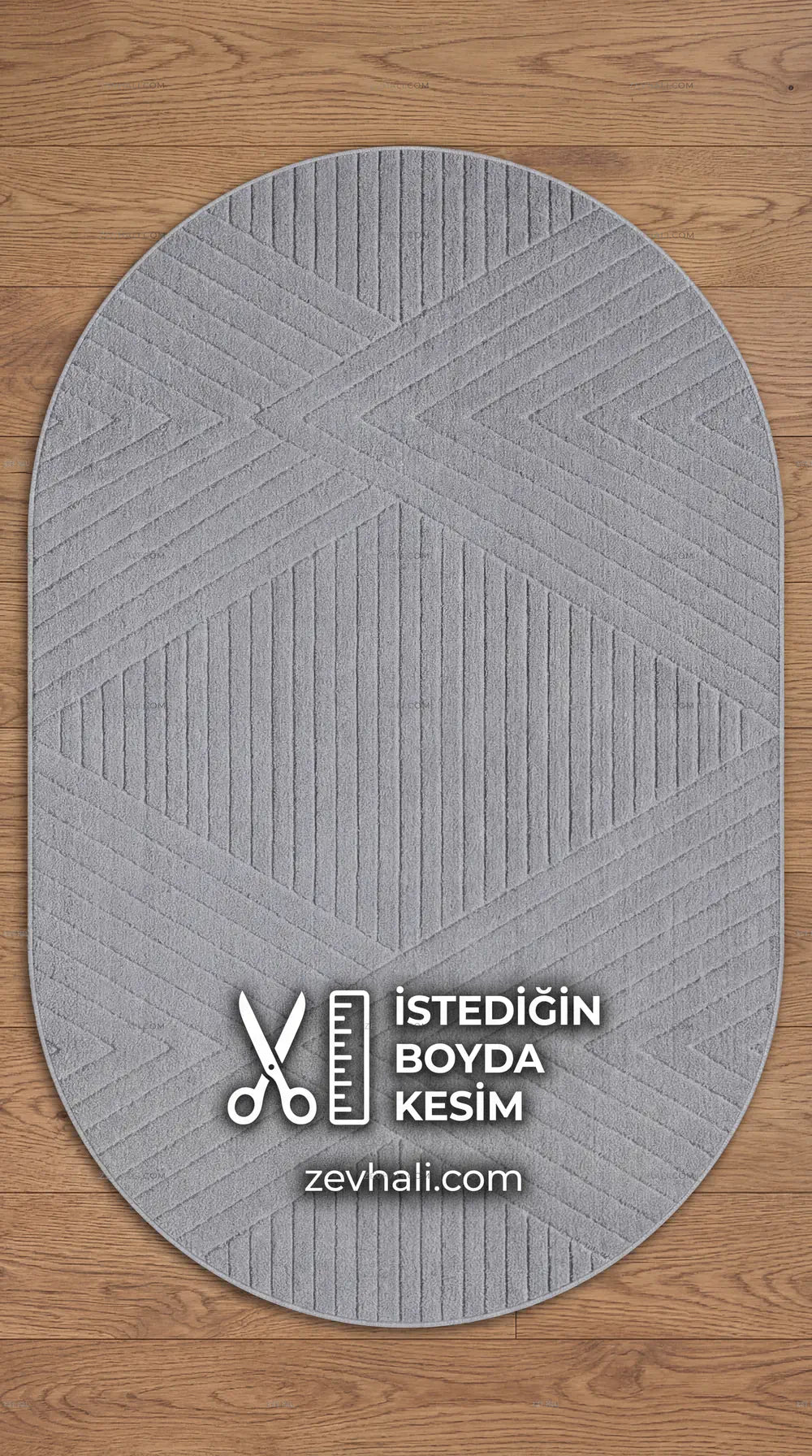 Zev Halı Gri Geometrik Microfiber Oval Halı Kesme Yolluk Özel Ölçü Ba26 | Microfiber Halı | Zev Halı