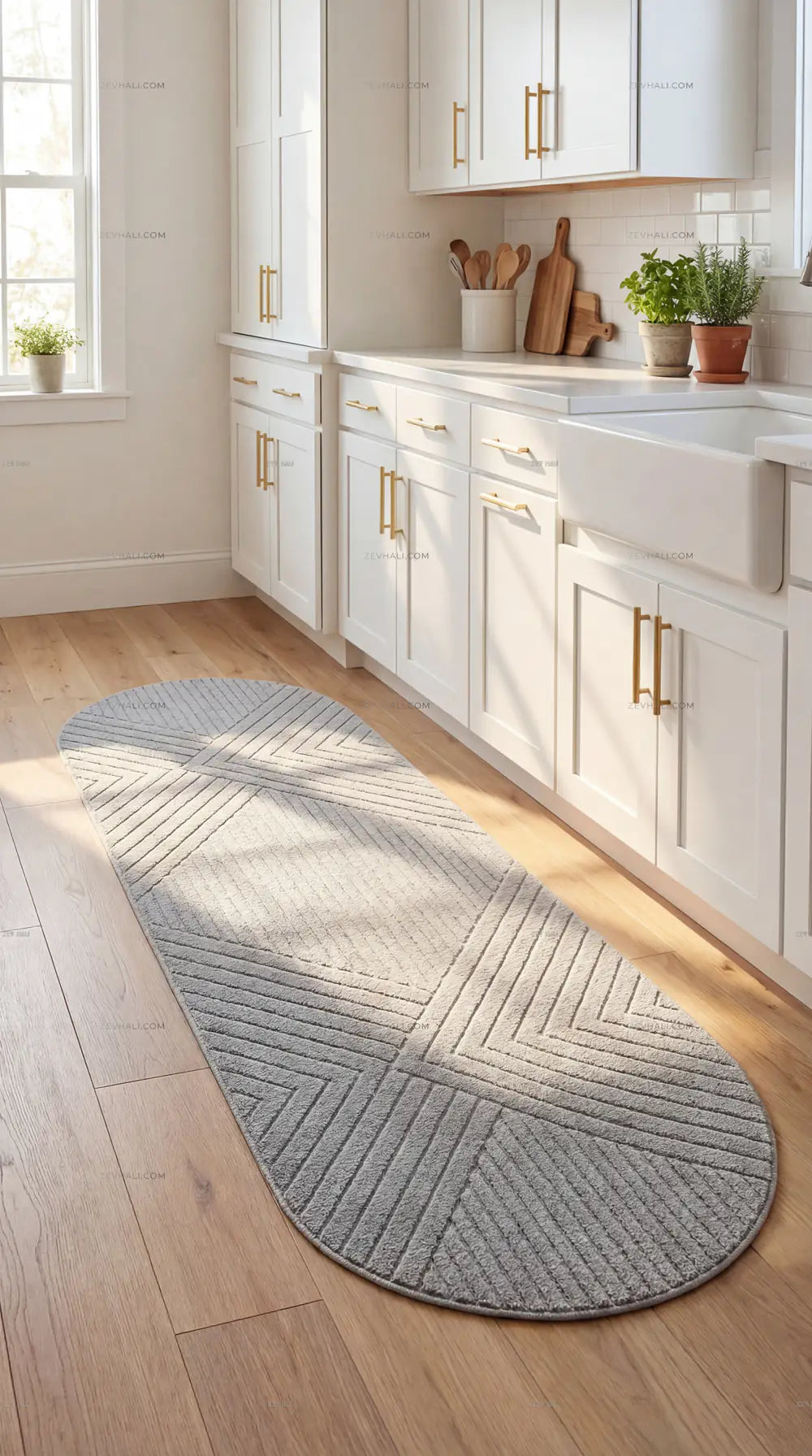 Zev Halı Gri Geometrik Microfiber Oval Halı Kesme Yolluk Özel Ölçü Ba26 | Microfiber Halı | Zev Halı
