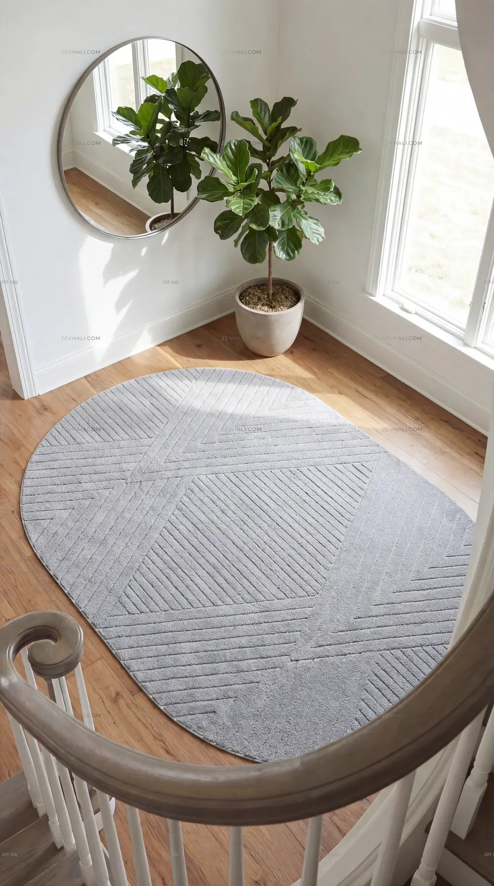 Zev Halı Gri Geometrik Microfiber Oval Halı Kesme Yolluk Özel Ölçü Ba26 | Microfiber Halı | Zev Halı