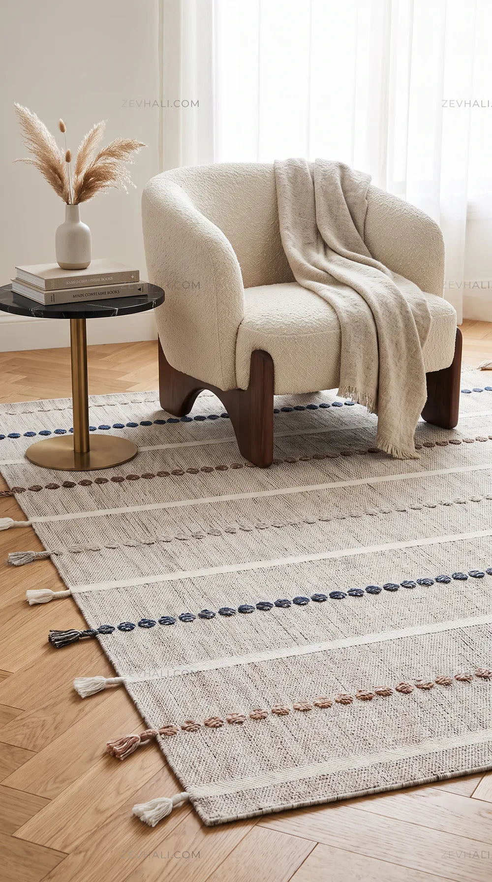 Zev Halı Vincents Colors Gri Çizgili Püsküllü İnce Kilim VC04 160x200