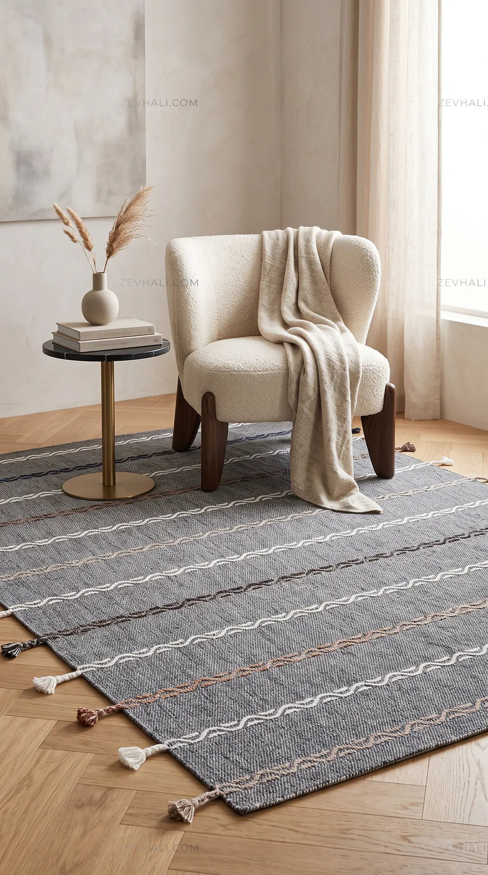 Zev Halı Vincents Colors Koyu Gri Dalgalı Çizgili Püsküllü Kilim VC08 160x200