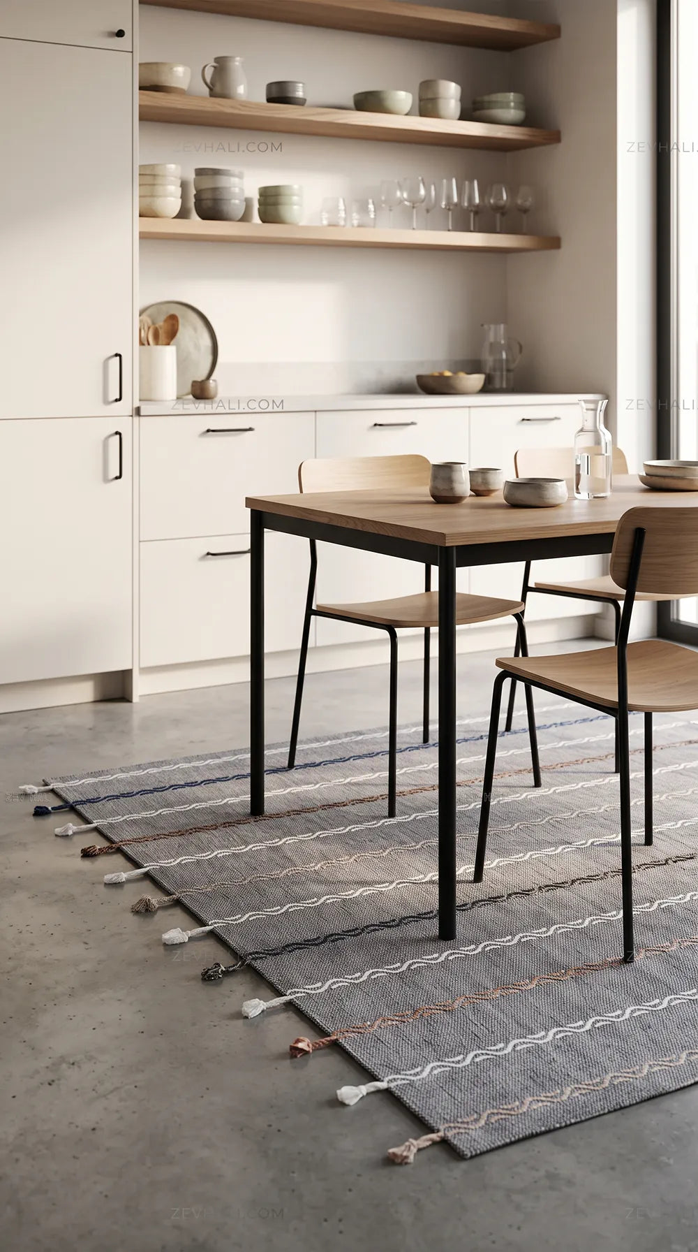 Zev Halı Vincents Colors Koyu Gri Dalgalı Çizgili Püsküllü Kilim VC08 160x200