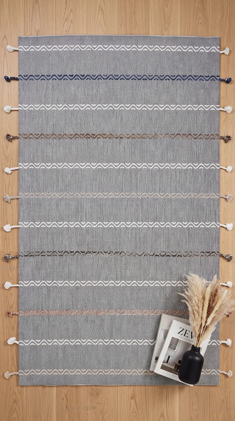Zev Halı Vincents Colors Koyu Gri Dalgalı Çizgili Püsküllü Kilim VC08 160x200