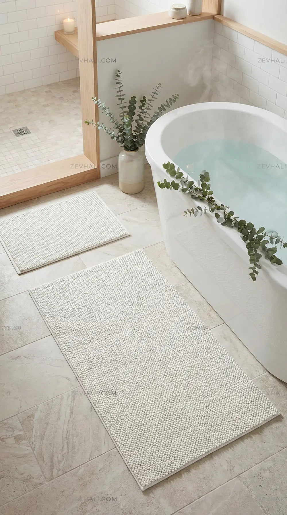 Zev Halı Kuak Krem Yıkanabilir Kaymaz Peluş KU01 Özel Ölçü | Banyo Halısı | Zev Halı