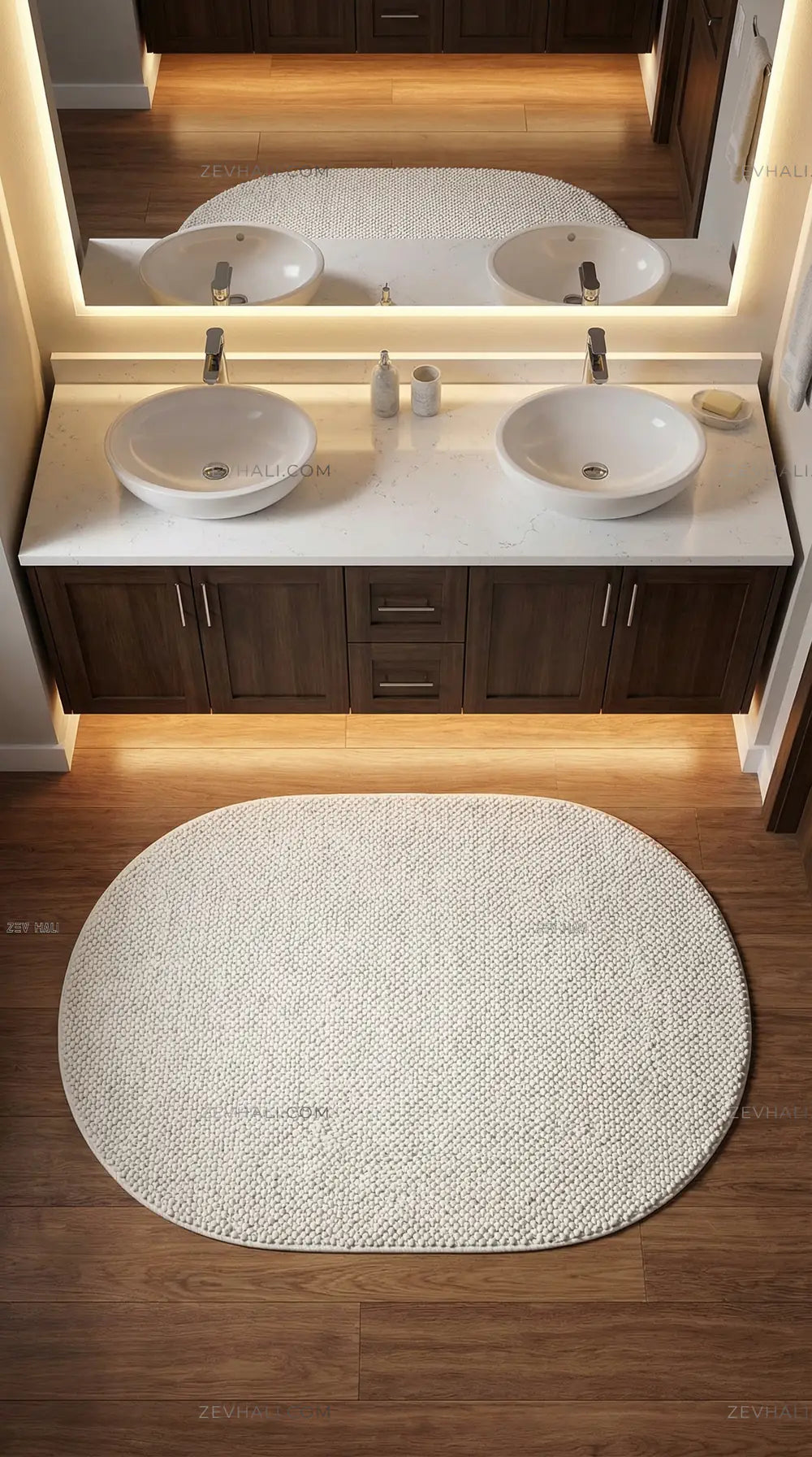 Zev Halı Kuak Krem Yıkanabilir Kaymaz Peluş KU01 Özel Ölçü | Banyo Halısı | Zev Halı