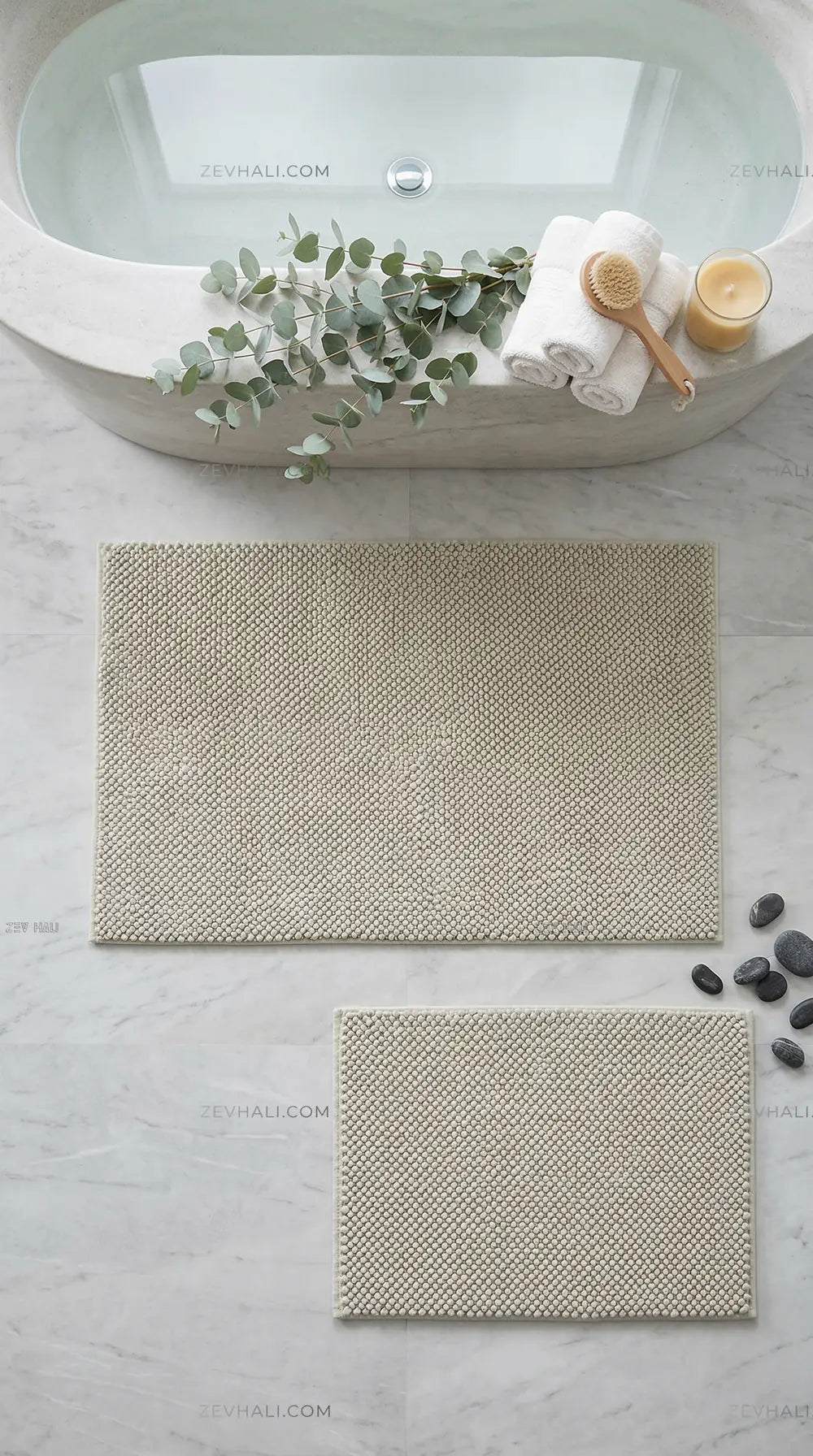 Zev Halı Kuak Taş Yıkanabilir Kaymaz Peluş Halı KU03 Özel Ölçü | Banyo Halısı | Zev Halı