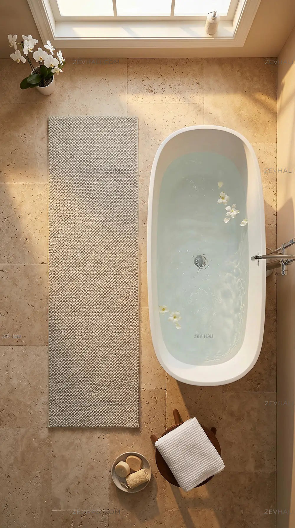 Zev Halı Kuak Taş Yıkanabilir Kaymaz Peluş Halı KU03 Özel Ölçü | Banyo Halısı | Zev Halı