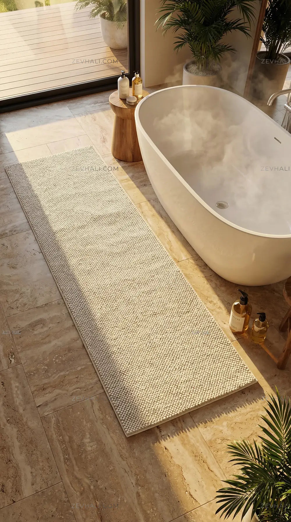 Zev Halı Kuak Ekru Yıkanabilir Kaymaz Peluş Banyo Yolluk Halı KU04 Özel Ölçü | Banyo Halısı | Zev Halı