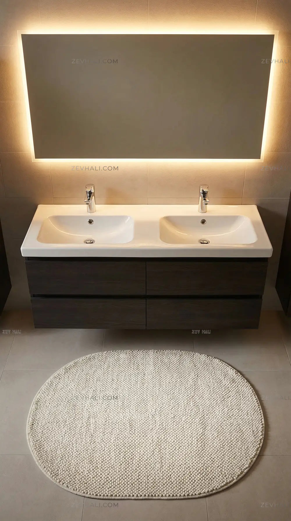 Zev Halı Kuak Ekru Yıkanabilir Kaymaz Peluş Banyo Yolluk Halı KU04 Özel Ölçü | Banyo Halısı | Zev Halı