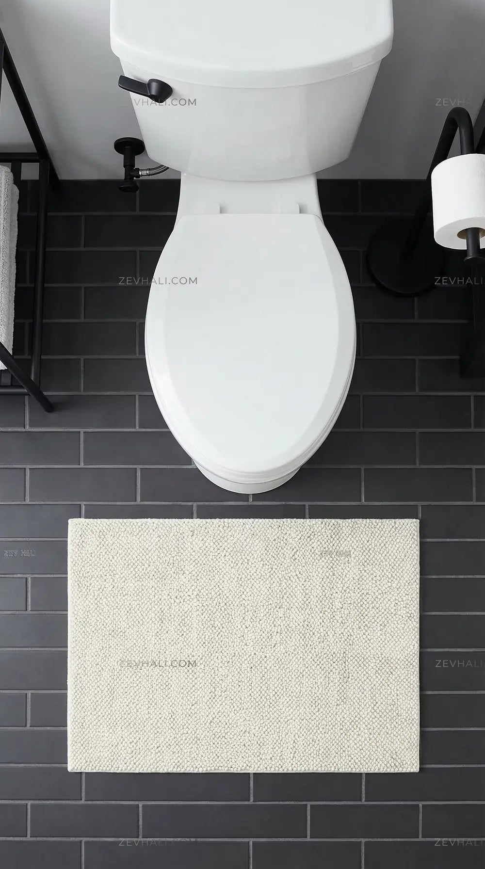 Zev Halı Kuak Ekru Yıkanabilir Kaymaz Peluş Banyo Yolluk Halı KU04 Özel Ölçü | Banyo Halısı | Zev Halı