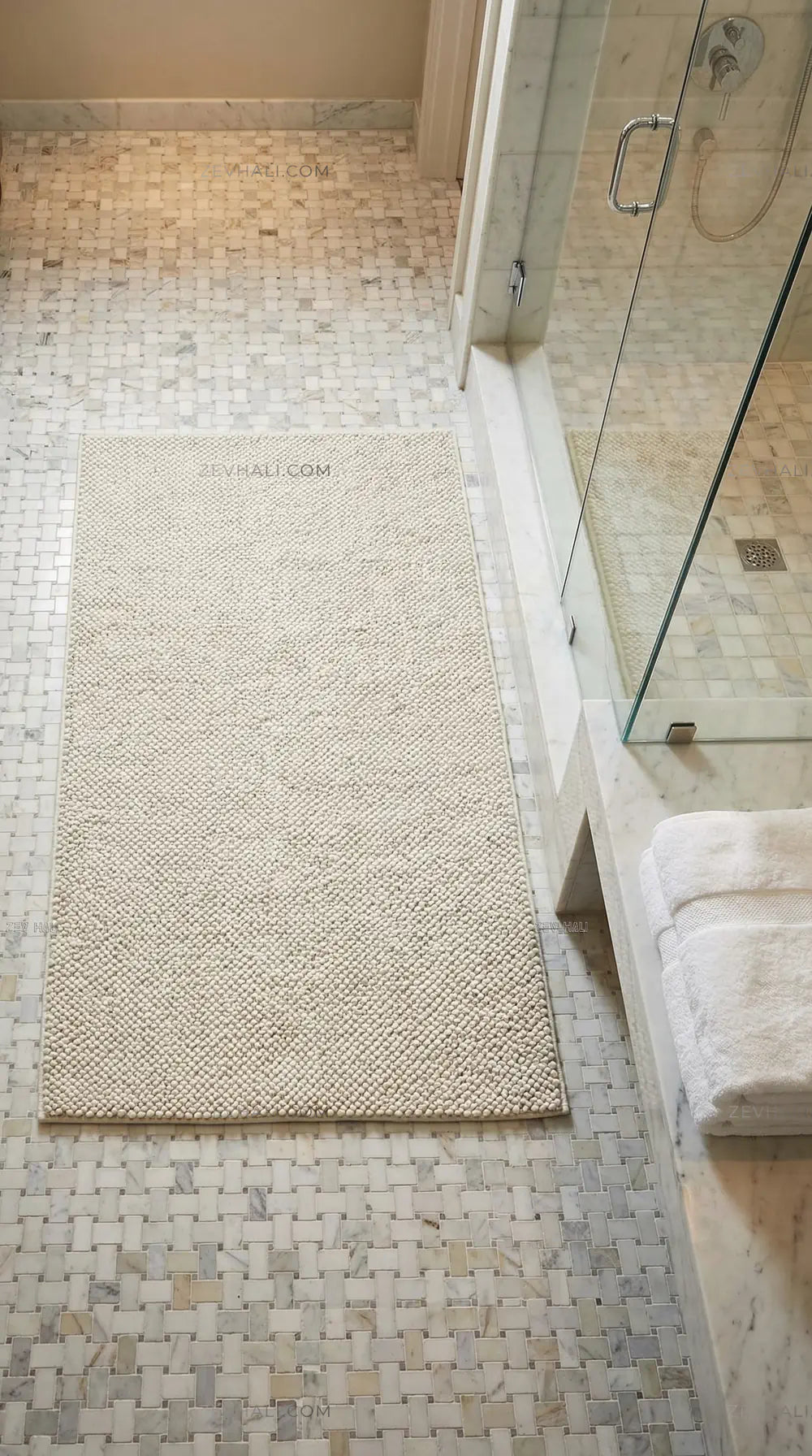 Zev Halı Kuak Ekru Yıkanabilir Kaymaz Peluş Banyo Yolluk Halı KU04 Özel Ölçü | Banyo Halısı | Zev Halı