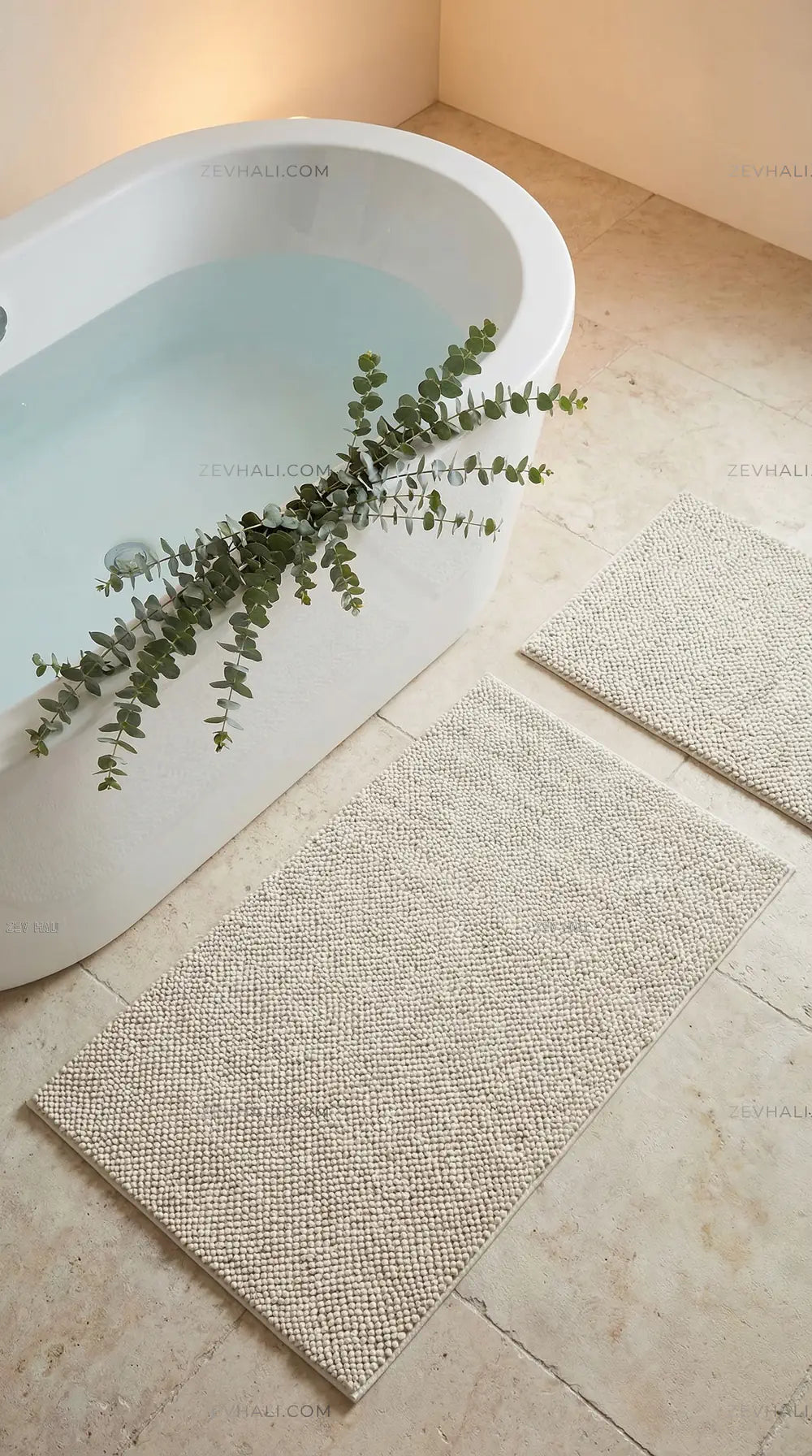 Zev Halı Kuak Ekru Yıkanabilir Kaymaz Peluş Banyo Yolluk Halı KU04 Özel Ölçü | Banyo Halısı | Zev Halı