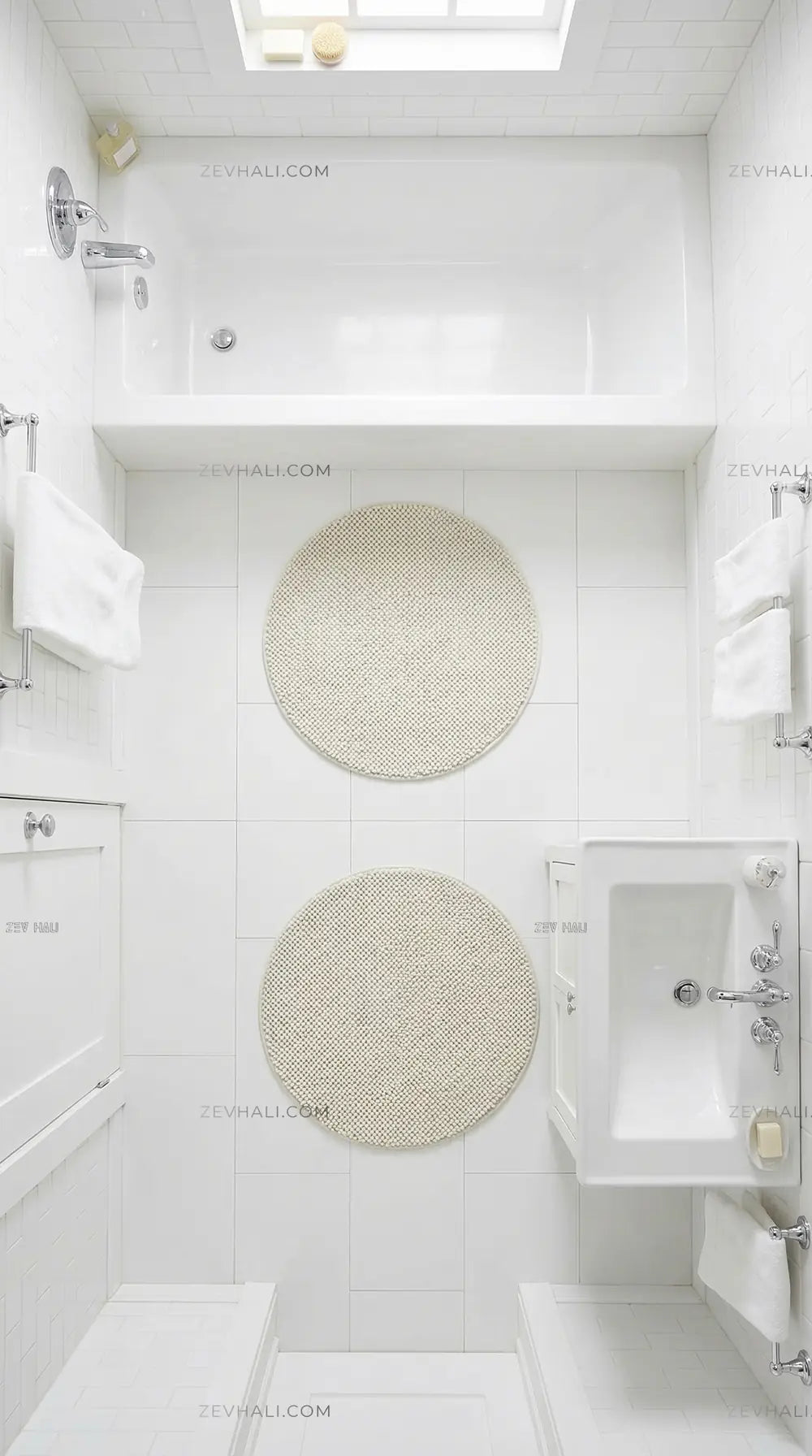 Zev Halı Kuak Ekru Yıkanabilir Kaymaz Peluş Banyo Yolluk Halı KU04 Özel Ölçü | Banyo Halısı | Zev Halı