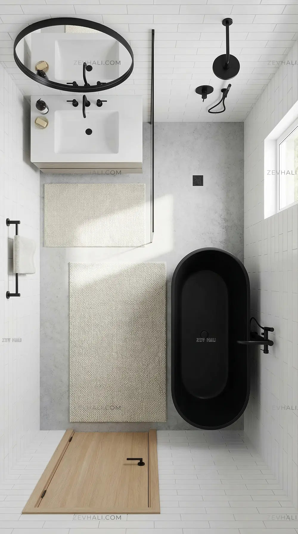 Zev Halı Kuak Ekru Yıkanabilir Kaymaz Peluş Banyo Yolluk Halı KU04 Özel Ölçü | Banyo Halısı | Zev Halı